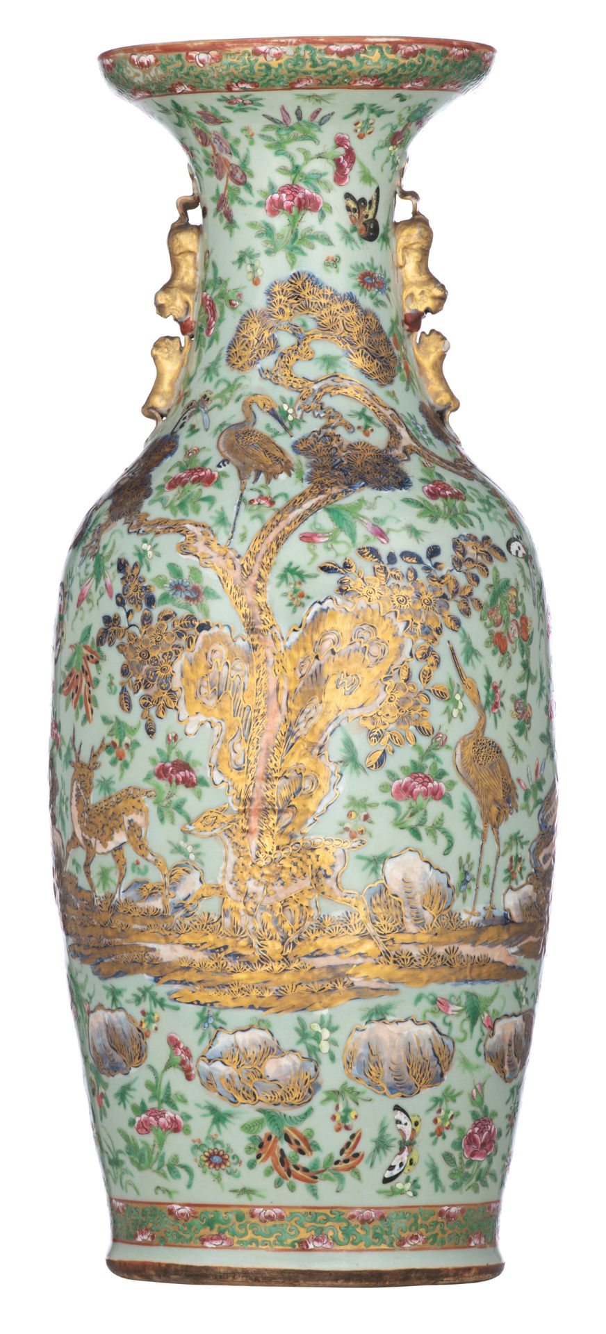 A Chinese celadon ground gilt and famille rose vase, decorated with deer, cranes, butterflies, birds
