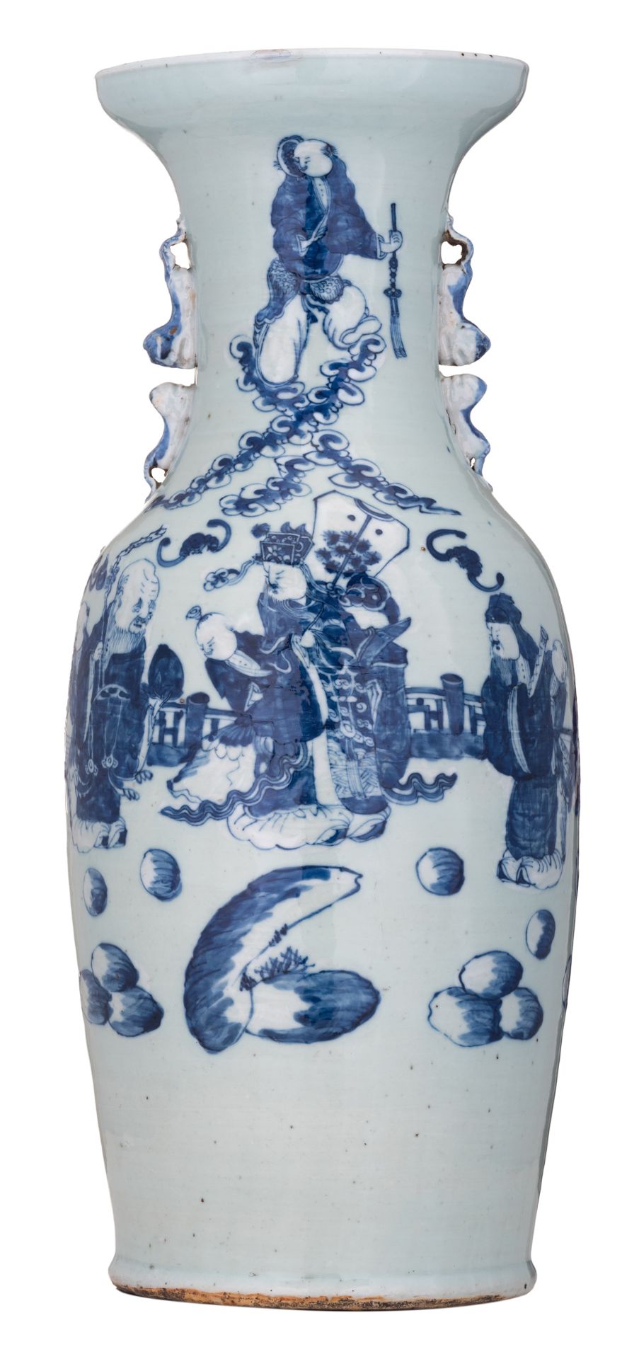 A Chinese celadon ground blue and white vase, decorated with an animated scene with Immortals, 19thC