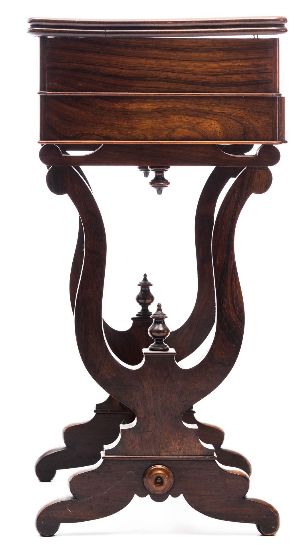 A rosewood veneered Biedermeier lady's needle working table, with bone escutcheons, inside the top w - Bild 5 aus 10