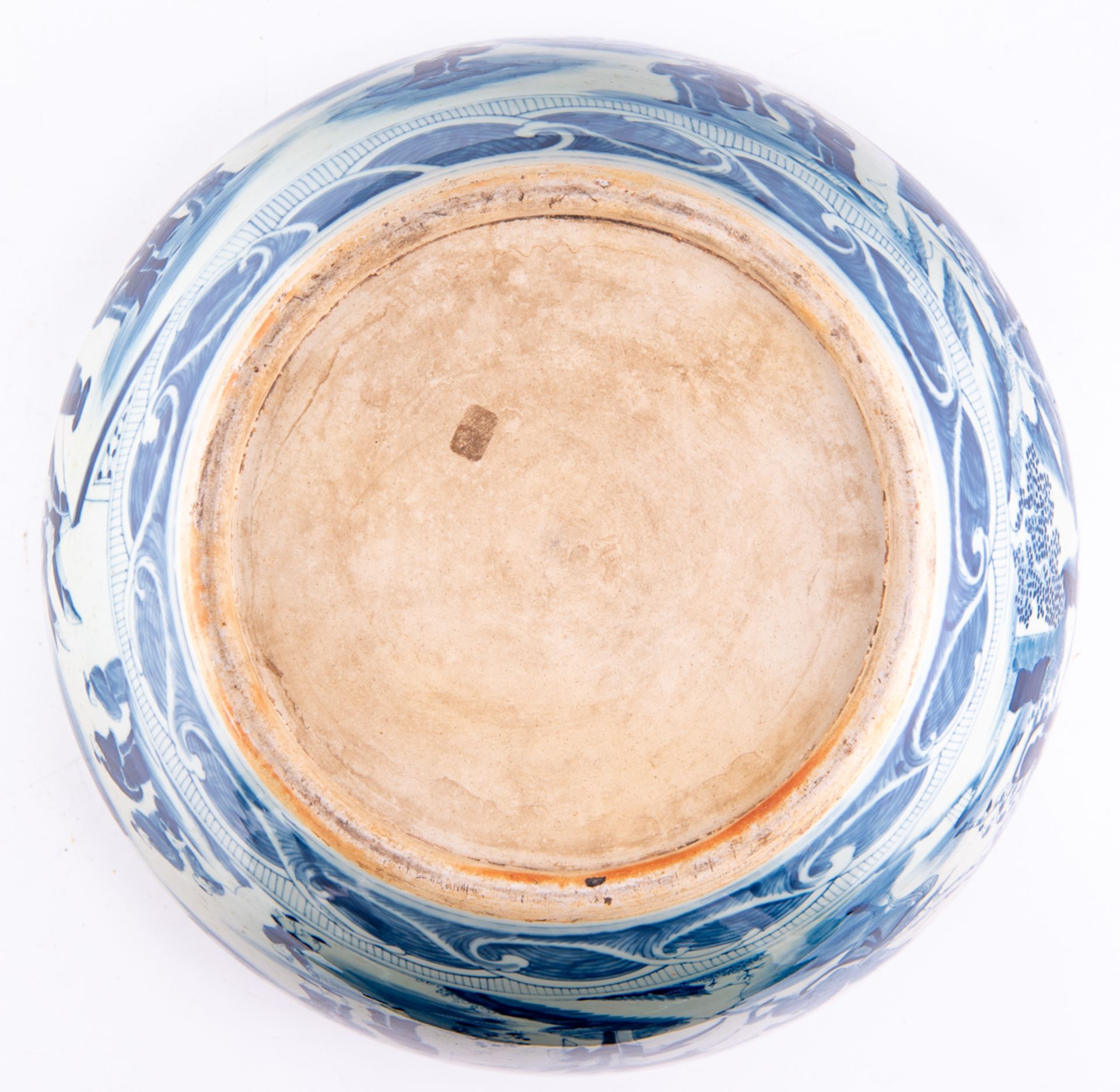 A Chinese blue and white jardiniere, decorated with daily life scenes, H 33 - ø 41,5 cm - Image 7 of 7