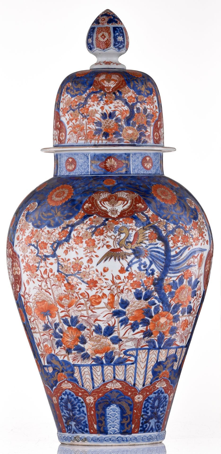 A large Japanese Arita Imari covered jar, decorated with flower sprays and with two large panels, fi - Image 2 of 7