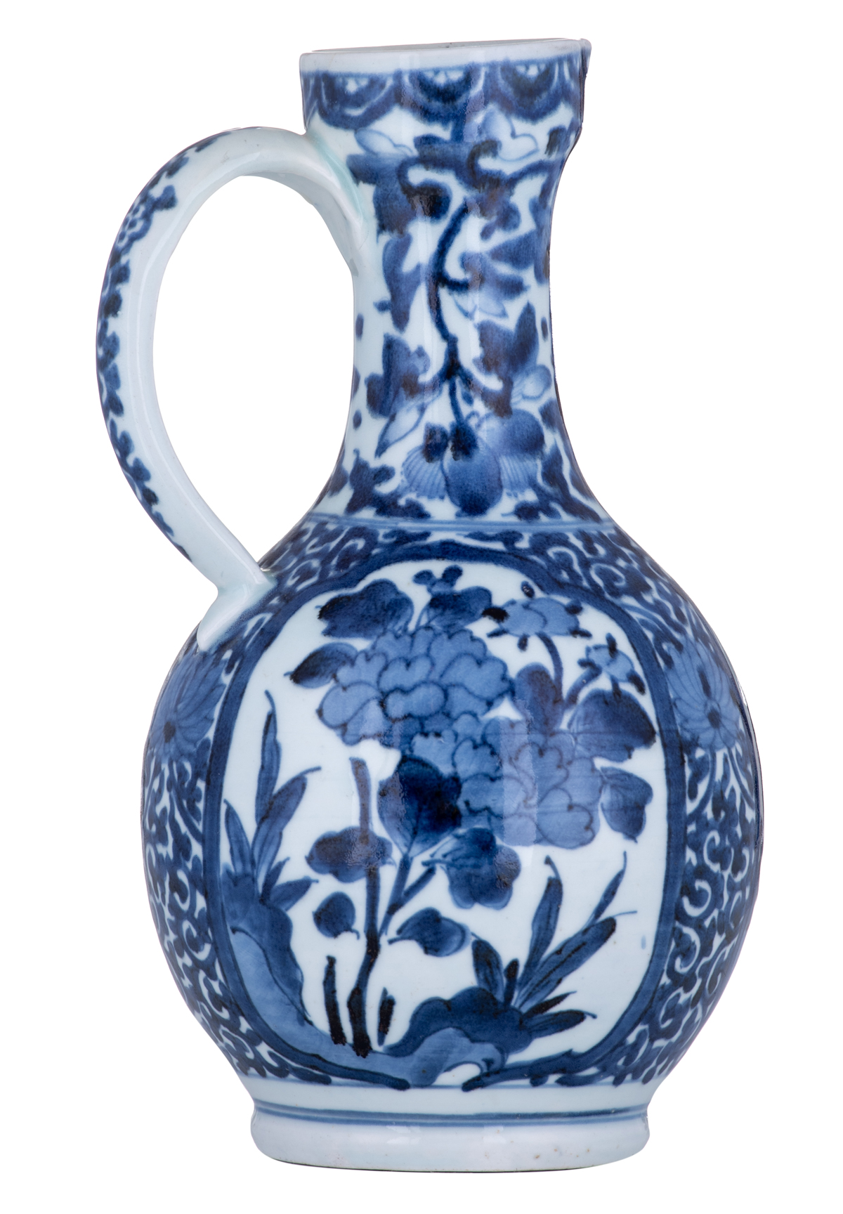 A Japanese last quarter of the 17thC Arita jug, with blue and white scrollwork all over, and roundel