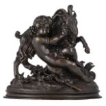 Moigniez J., a putto taming a billy goat, patinated bronze, H 20 - W 21 cm
