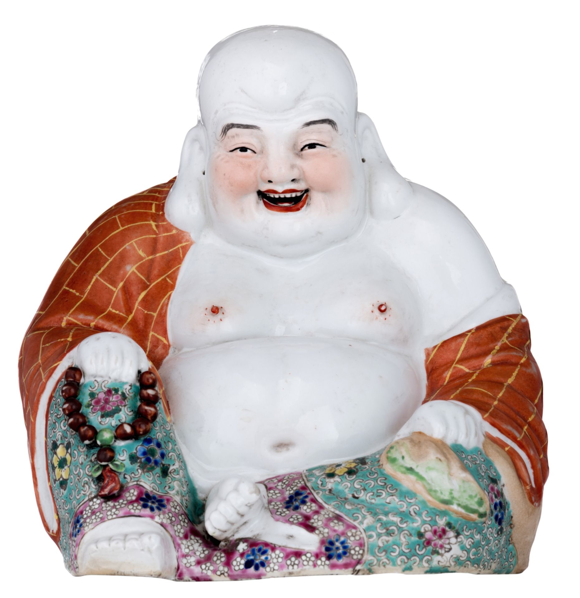 A Chinese polychrome seated Budai, marked, H 24 cm