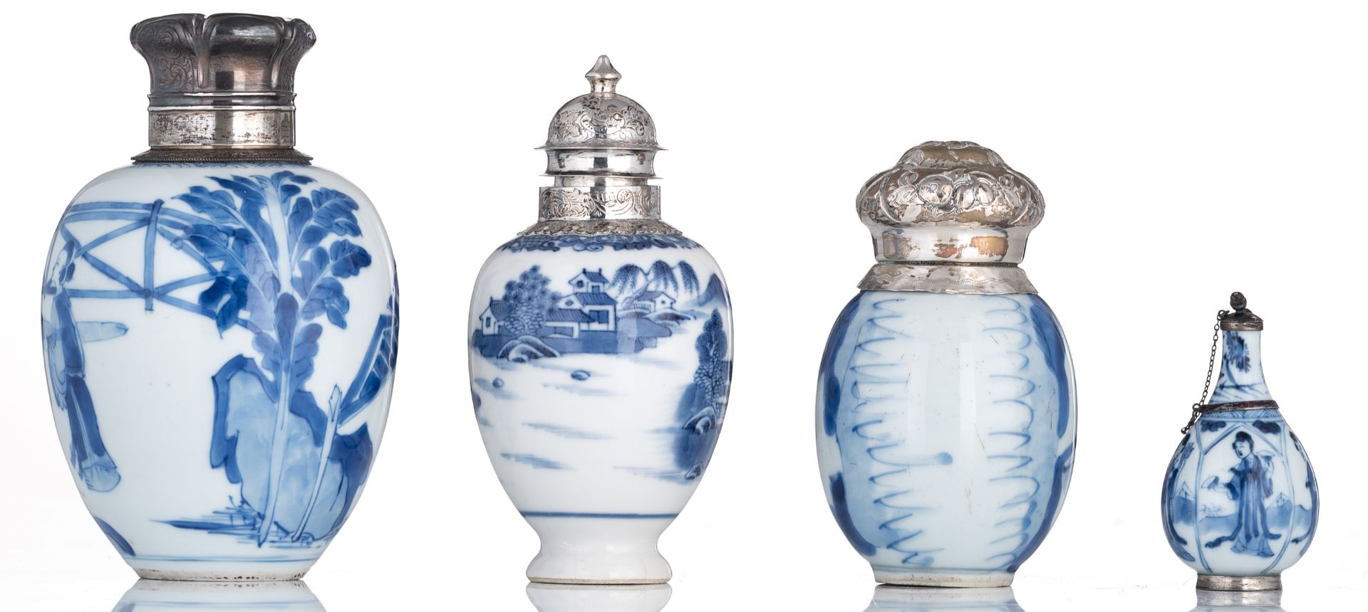 A lot of four small Chinese porcelain blue and white vases with silver mounts, three decorated with - Image 3 of 6