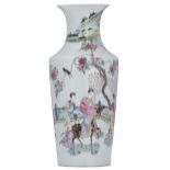 A Chinese famille rose vase, decorated with a horse riding lady accompanied by her servants, set in