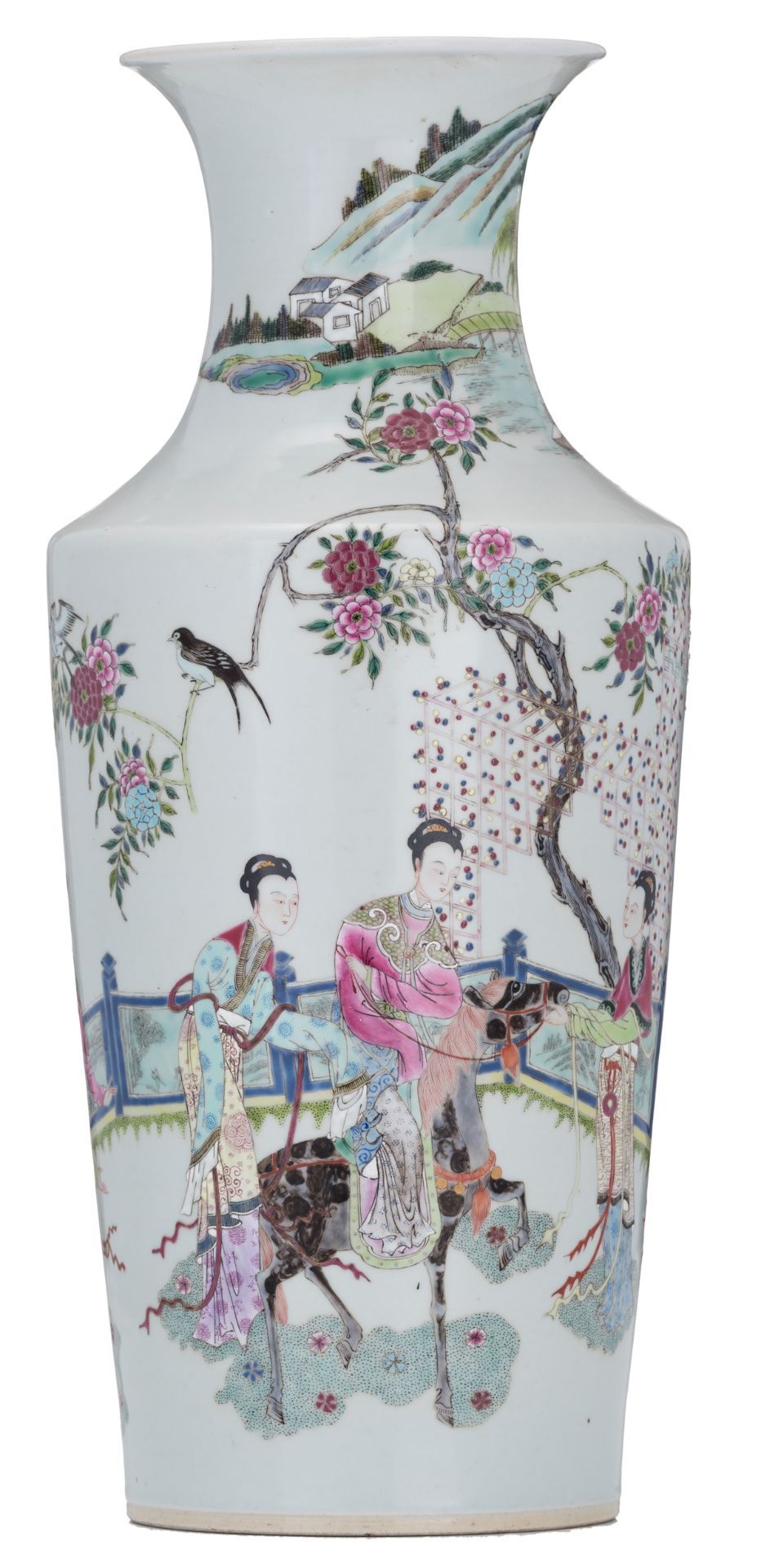 A Chinese famille rose vase, decorated with a horse riding lady accompanied by her servants, set in