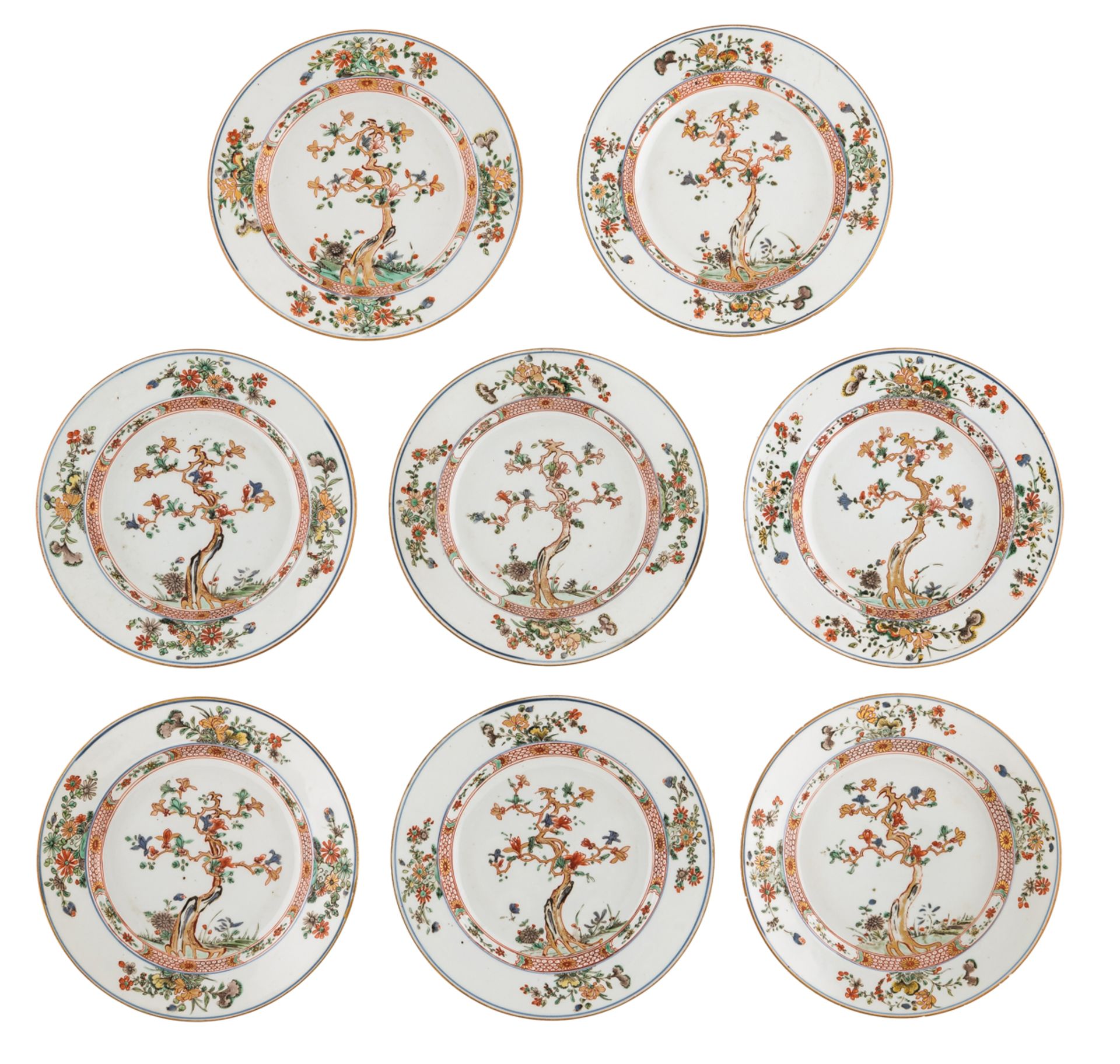Eight Chinese polychrome, gilt and floral decorated dishes, 18thC, ø 22cm