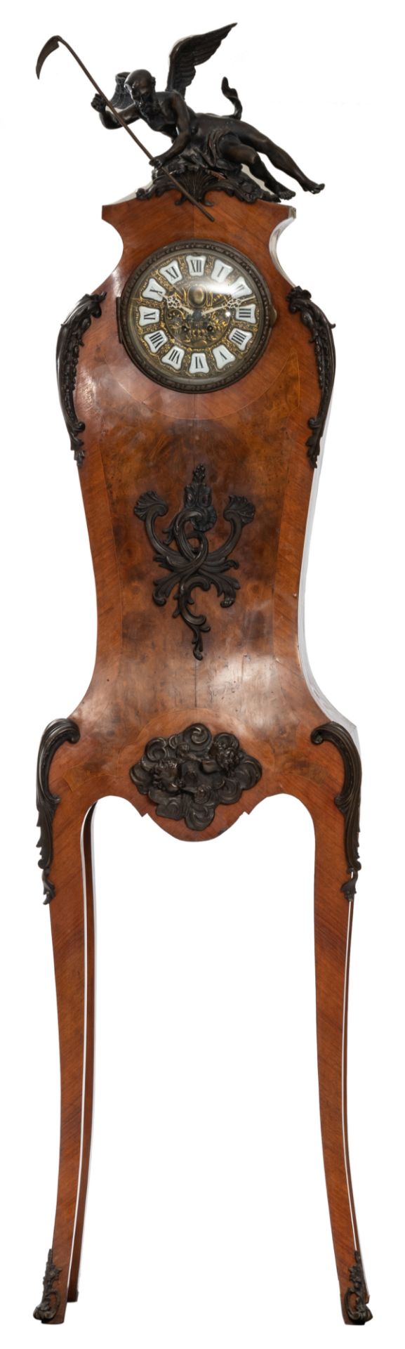 An impressive 19thC violin shaped mahogany and burr-walnut veneered regulator clock on cabriole legs