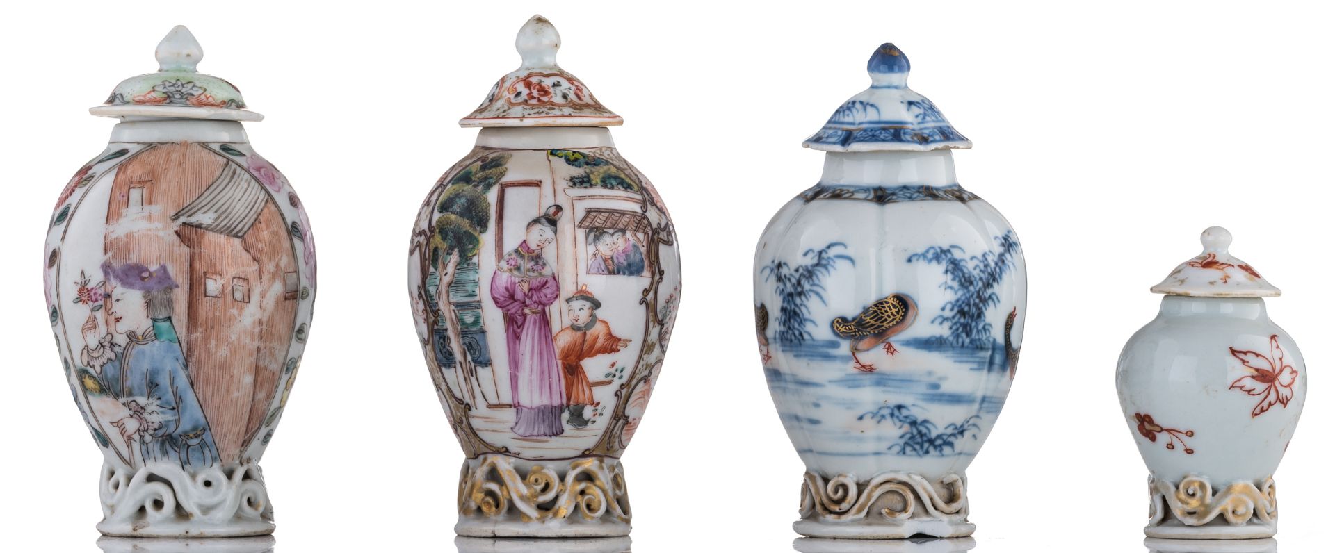 A lot of four Chinese porcelain tea caddies, relief decorated with scrollwork, the smallest one was - Image 3 of 7