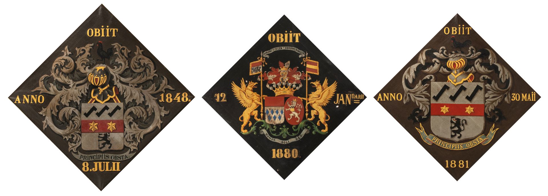 A lot of three funeral hatchments ('Obiit'), two with a 'Principiis Obsta' device from 1848 and 1881