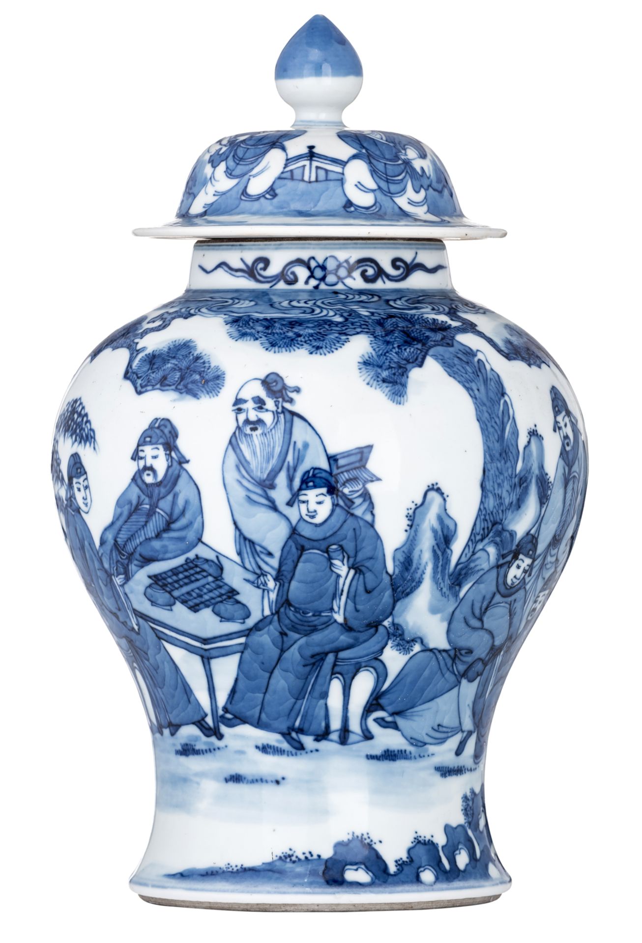 A Chinese blue and white vase and cover, decorated with an animated scene, with a Kangxi mark, H 33