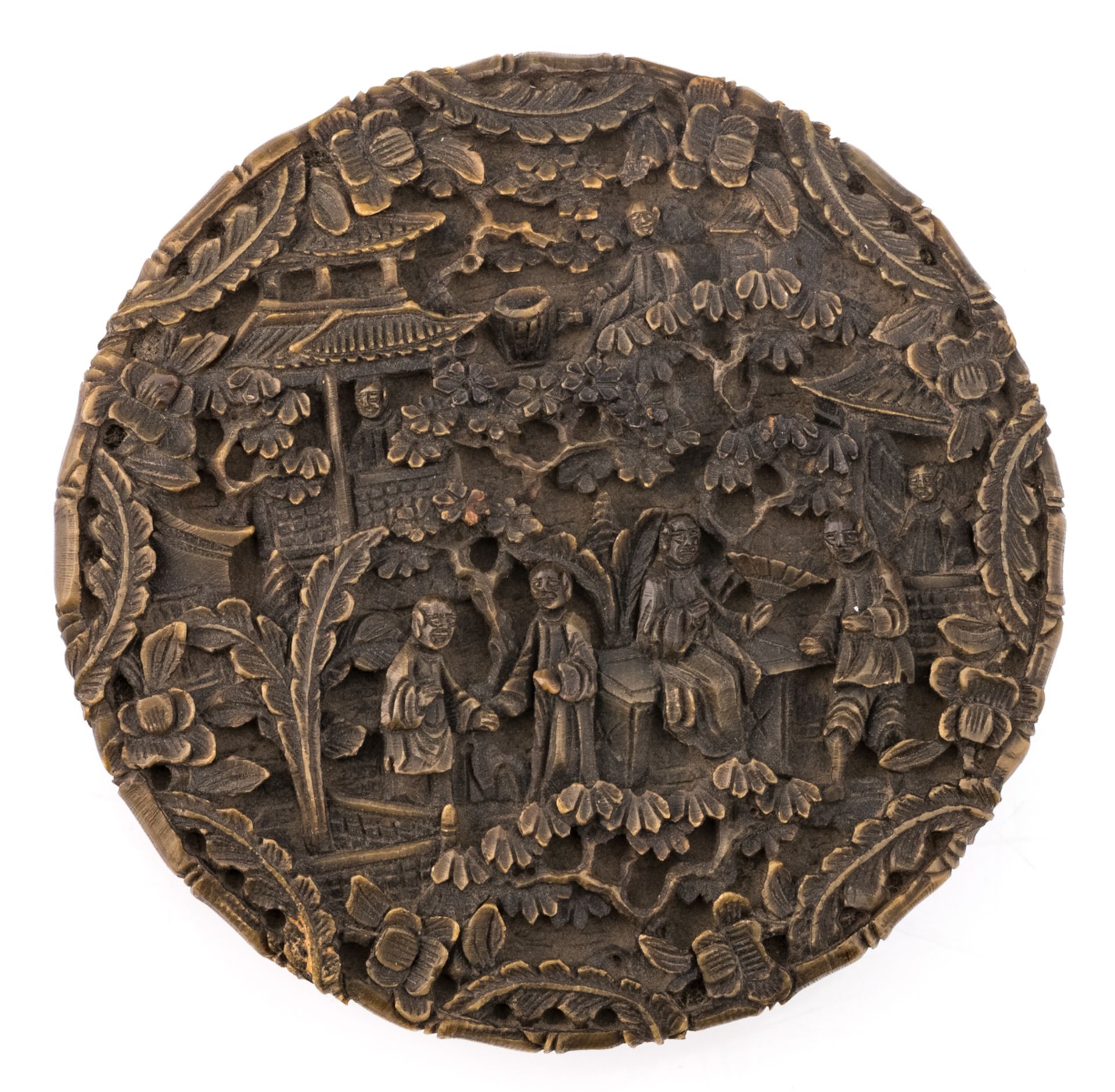 A Chinese tortoiseshell box and cover of flattened circular form, overall relief carved with figures - Image 2 of 4