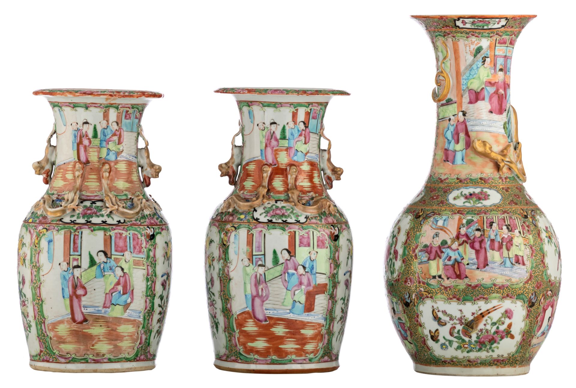 A Chinese famille rose Canton bottle vase, decorated with court scenes, birds and flower branches,