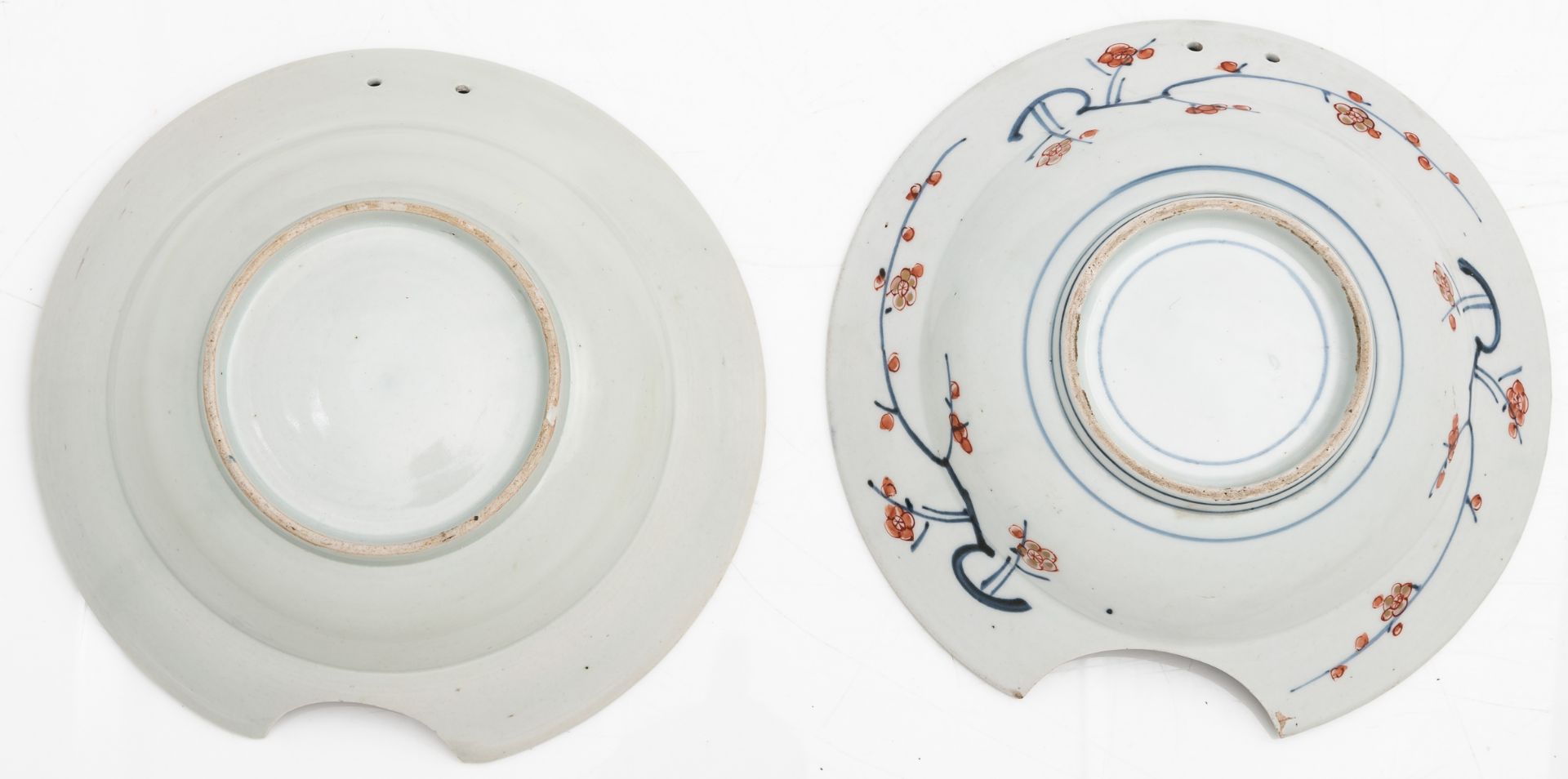 Two Japanese Arita Imari porcelain shaving bowls, decorated in the centre with a flower basket and t - Image 2 of 2