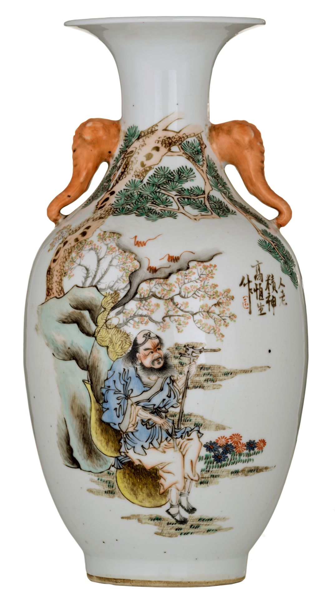 A Chinese polychrome vase, decorated with a Shou Xing figure and a calligraphic text, the handles el