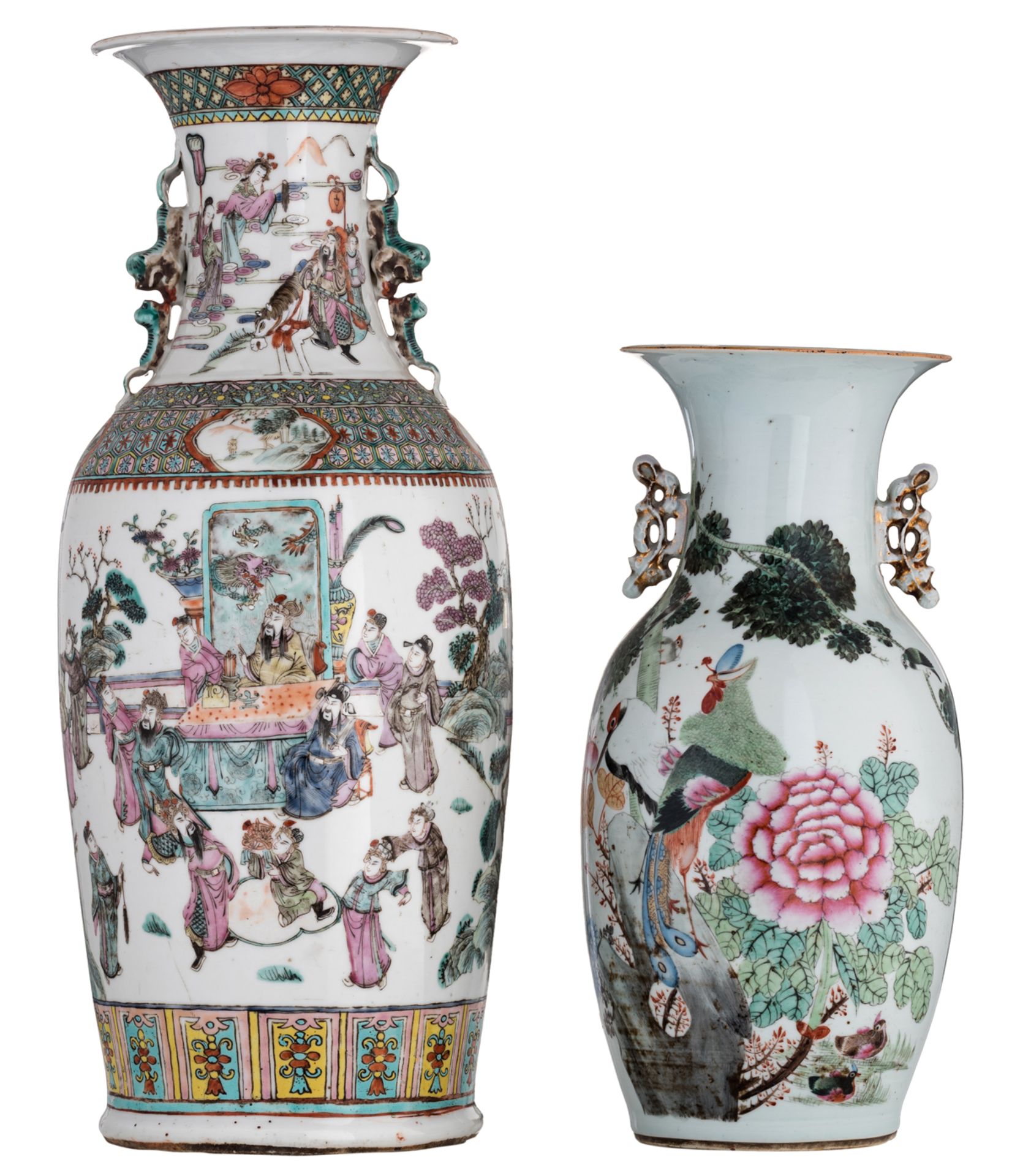 A Chinese famille rose vase, overall decorated with an animated court scene, the handles Fu lion sha