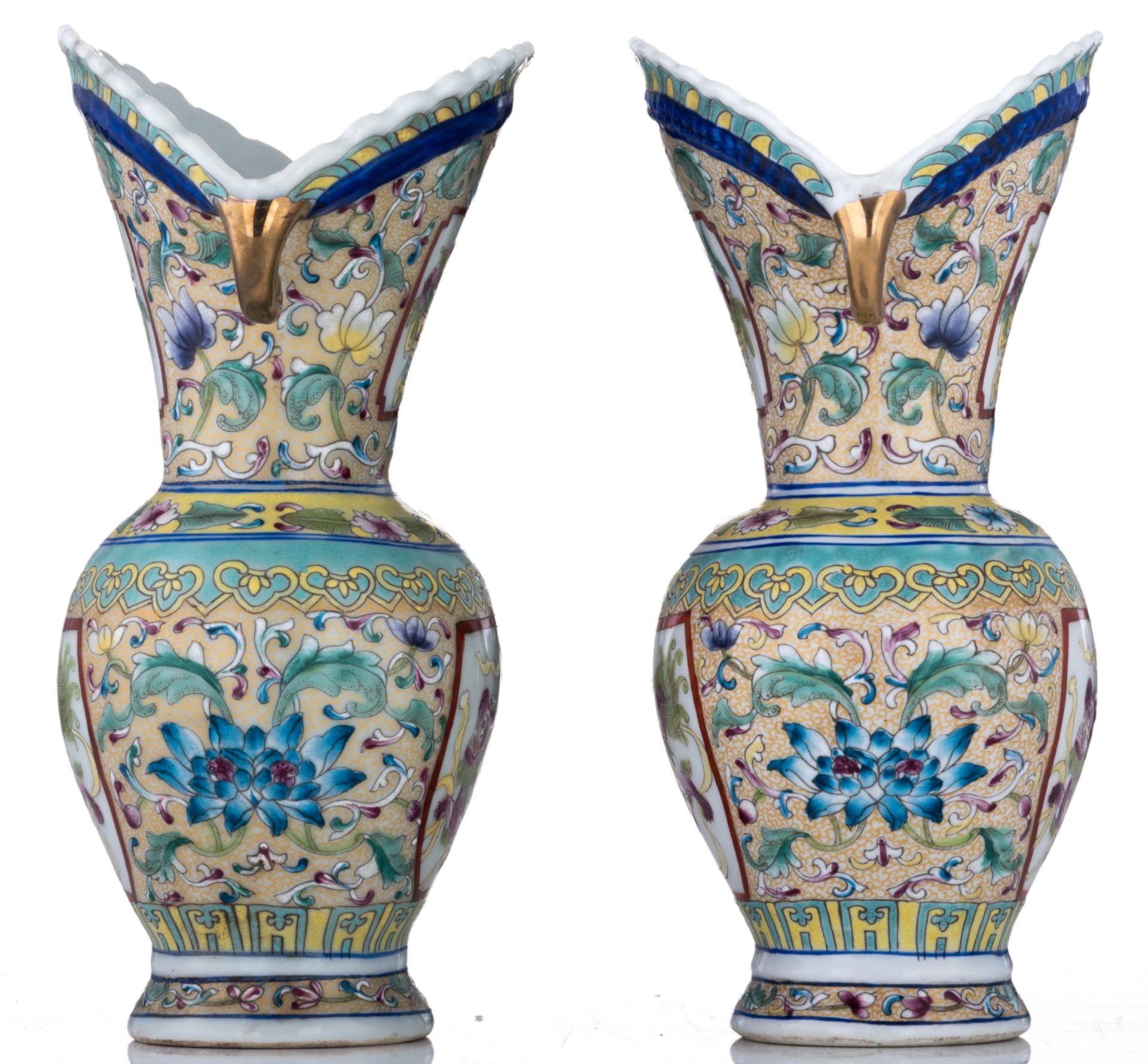 A pair of Chinese porcelain vases with polychrome enamels, decorated with flower scrolls and panels - Image 4 of 6