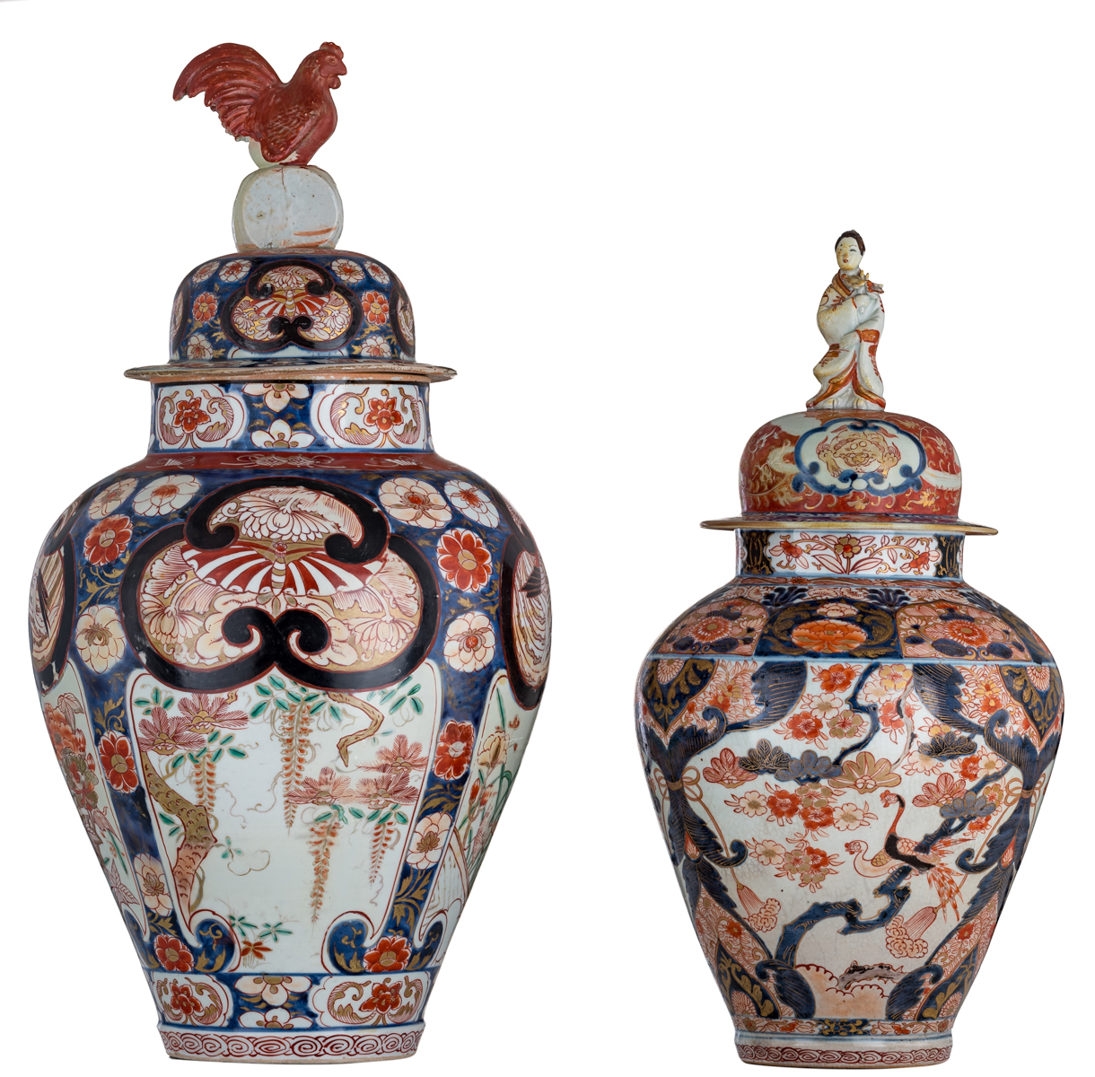 A Japanese Arita Imari covered jar, decorated with flower sprays and with panels, filled with wister