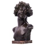 Lambeaux J., a bust of Bacchus, patinated bronze on a Rouge royale marble base, H 58 cm