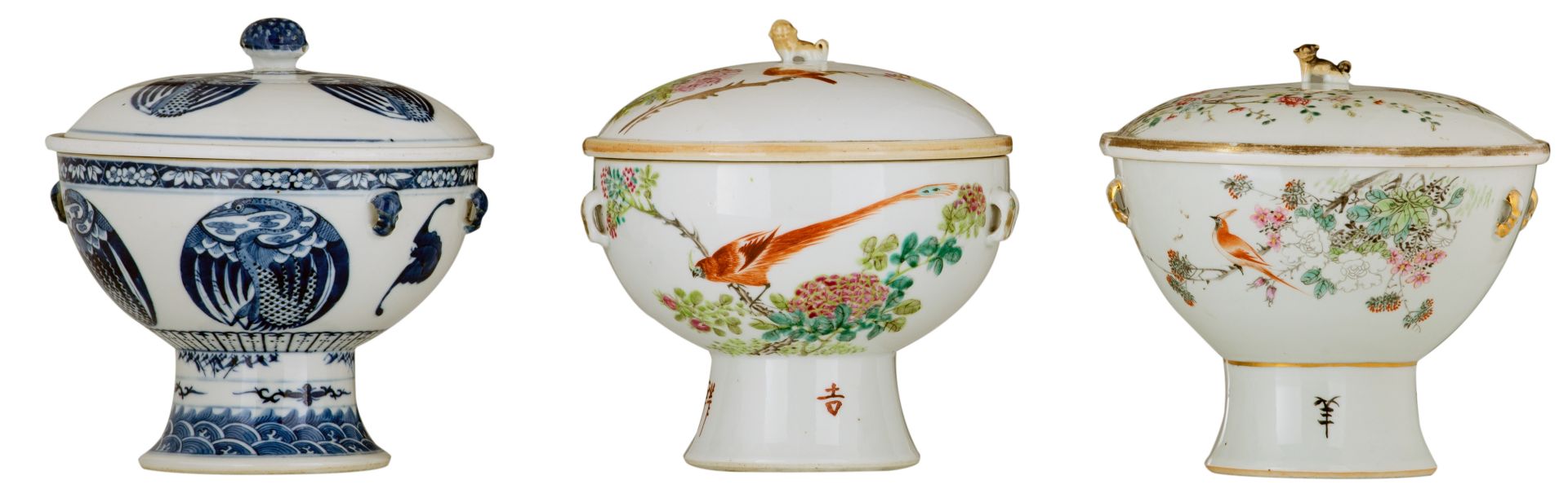 Two Chinese famille rose food containers, decorated with birds and flowers, one container with a sea