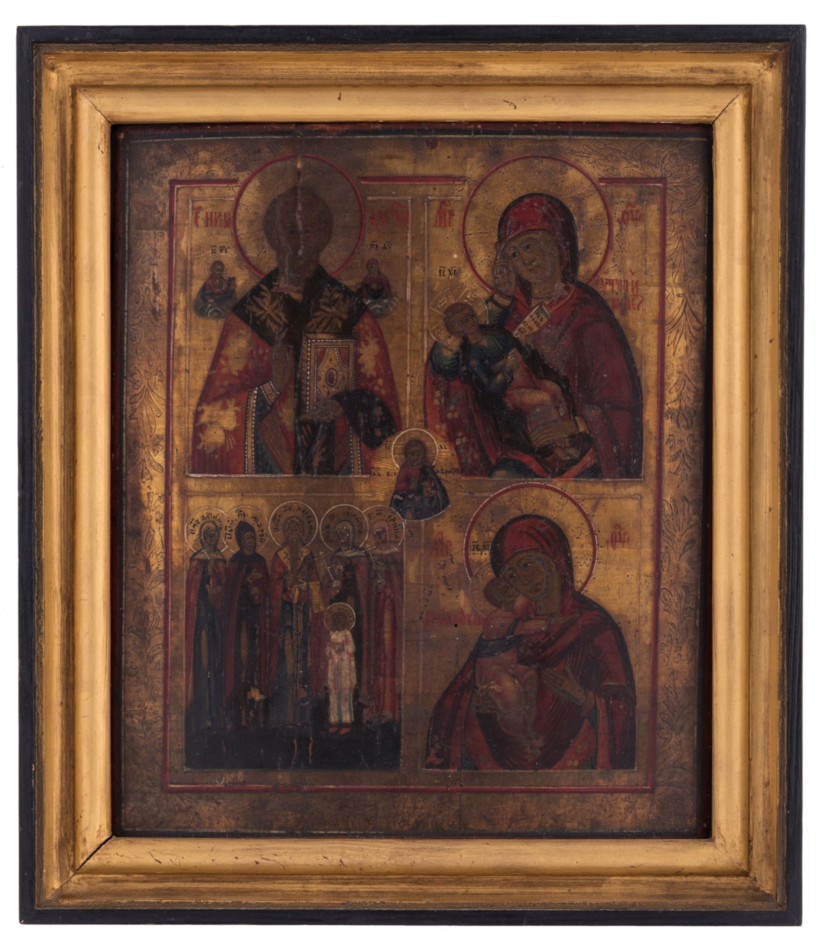 An East European icon of four scenes with several saints and a Madonna with child, 19thC, 31 x 36,5