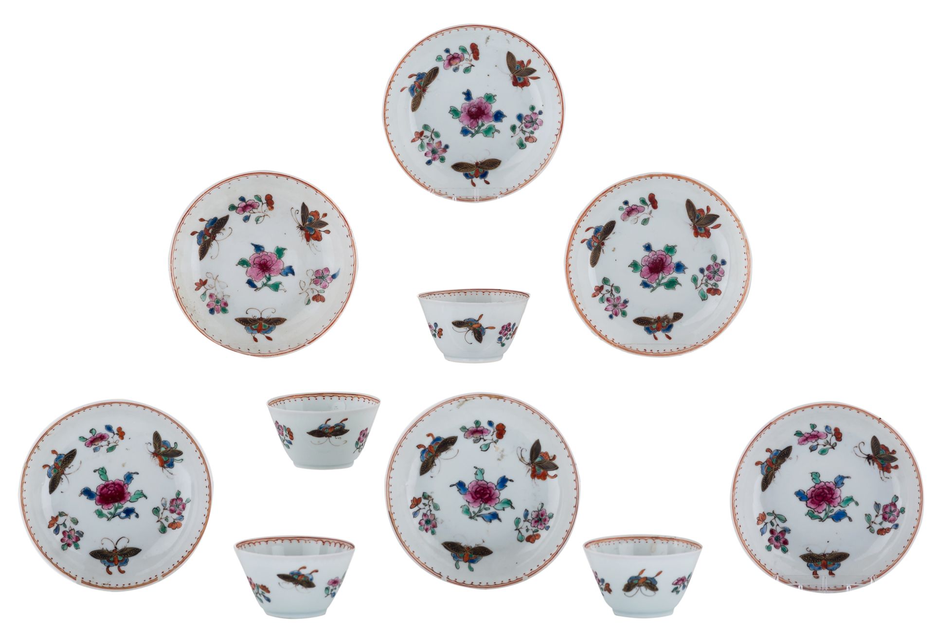 Five Chinese cups, polychrome decorated with flowers and butterflies, and six ditto saucers, H 4 - ø