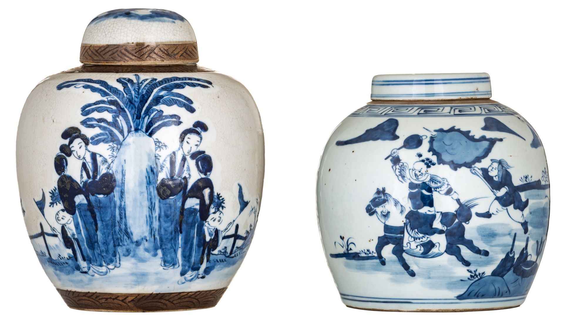 A ginger jar, blue & white decorated with a warrior scene, 18th/19thC; added a ditto stoneware jar,