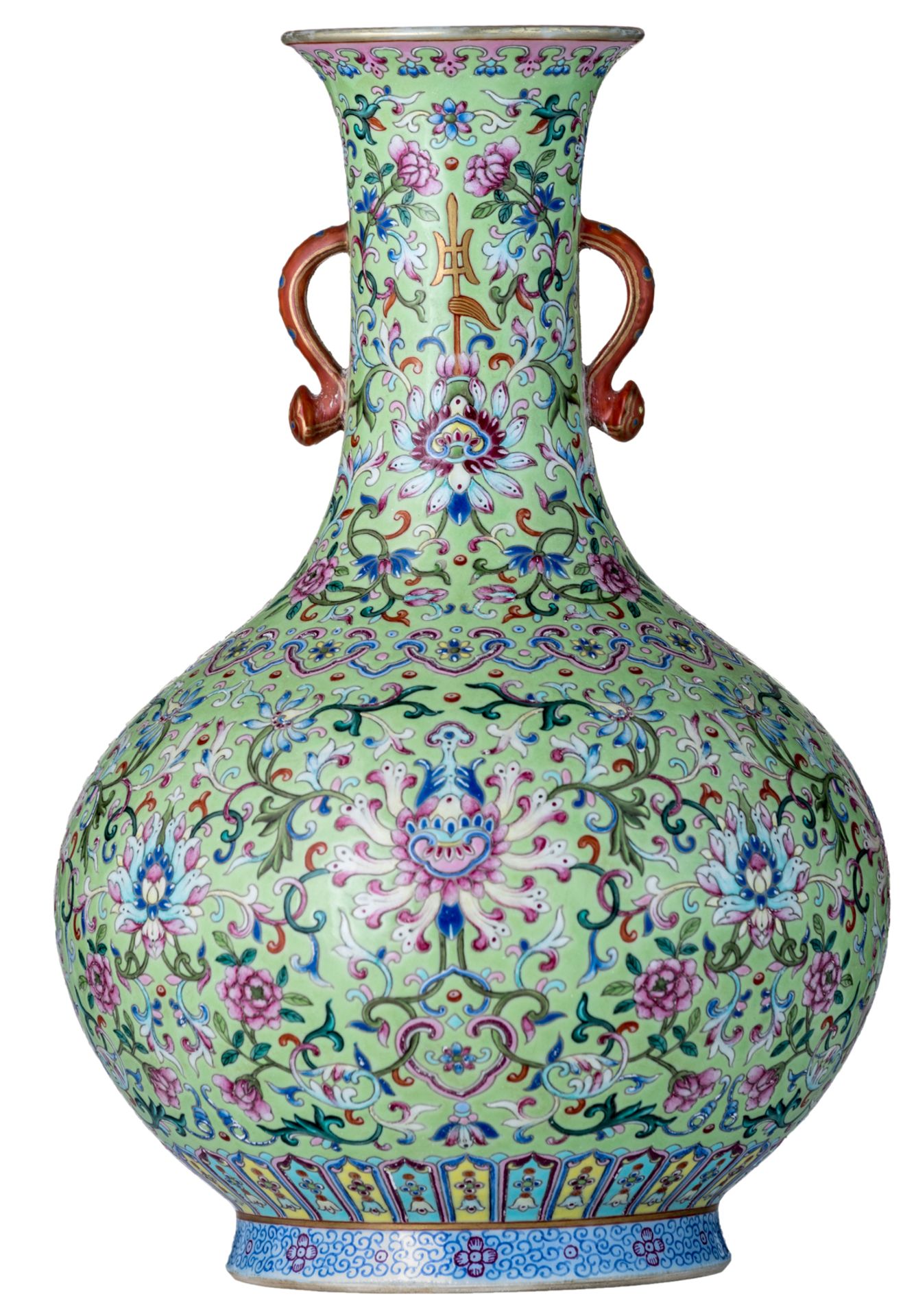 A Chinese green ground floral decorated bottle vase, the handles ruyi shaped, with a Jiaqing seal ma