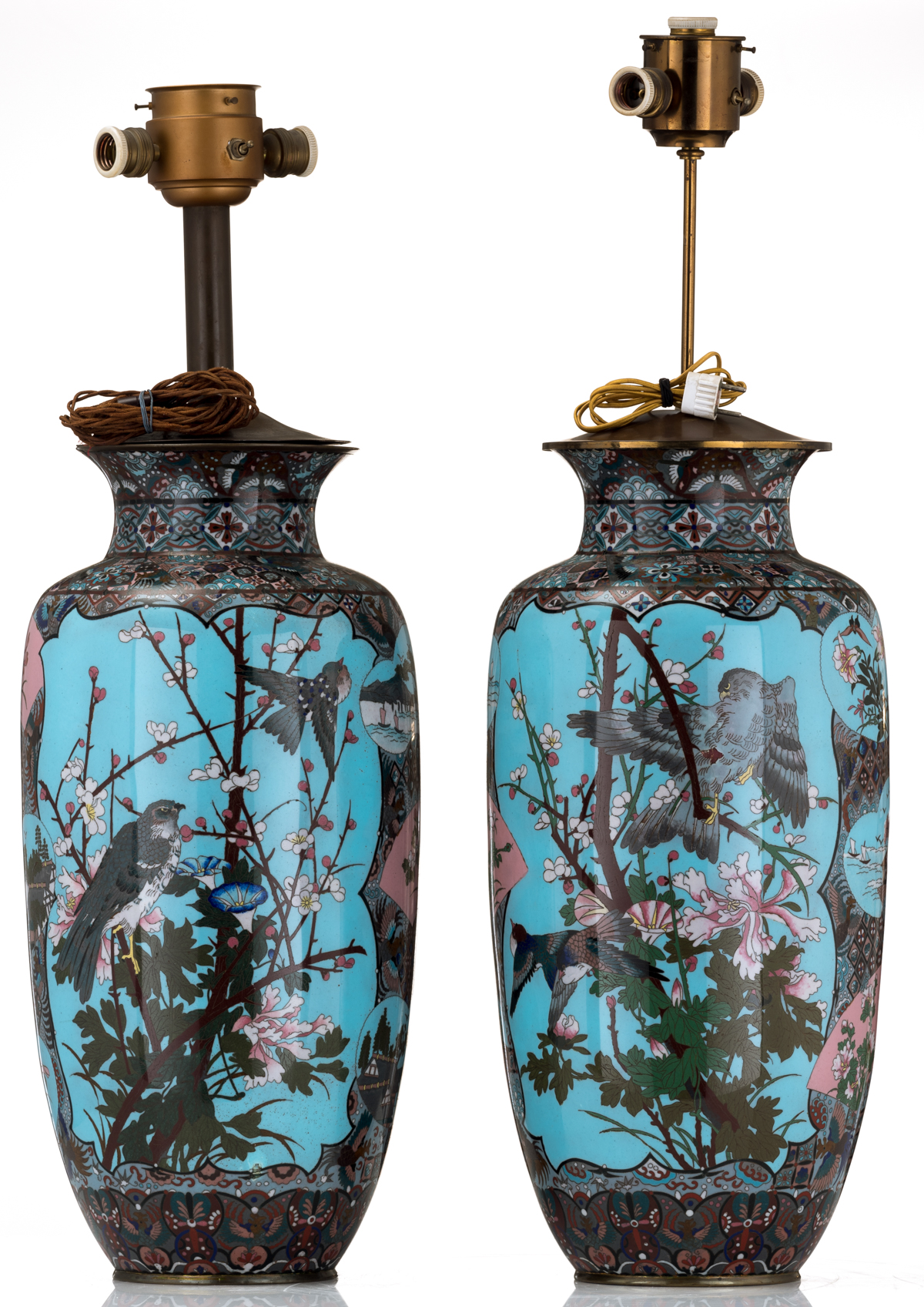 Two Japanese pale blue ground cloisonné enamel vases, the panels decorated with birds on flower bran - Image 3 of 7