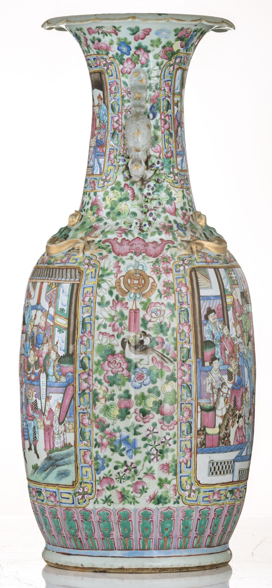 A large Chinese famille rose vase, decorated with court scenes, 19thC; added a Chinese carved hardwo - Image 3 of 8