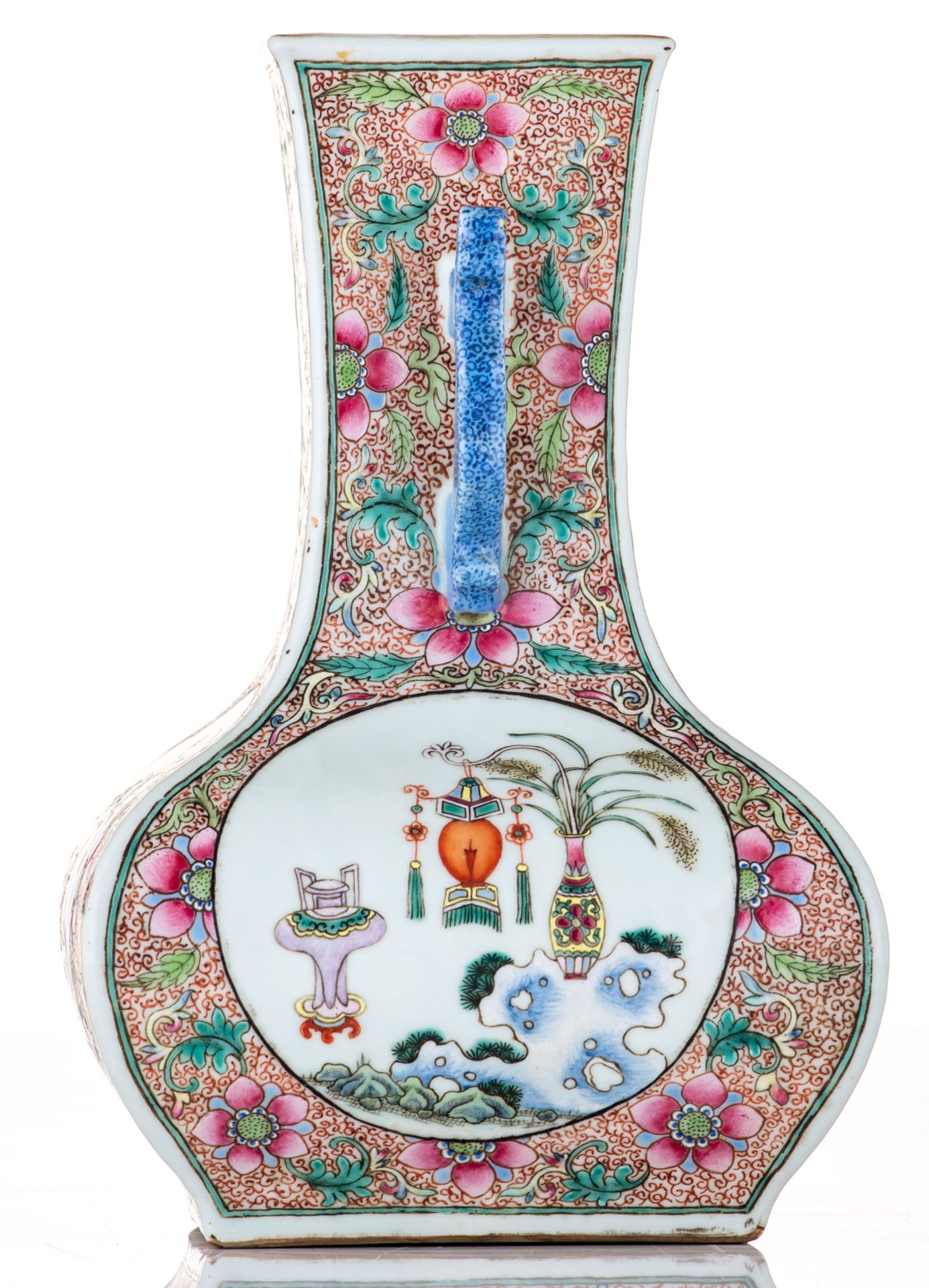 A Chinese famille rose floral decorated quadrangular bottle vase, the roundels with flower vases, la - Bild 2 aus 6