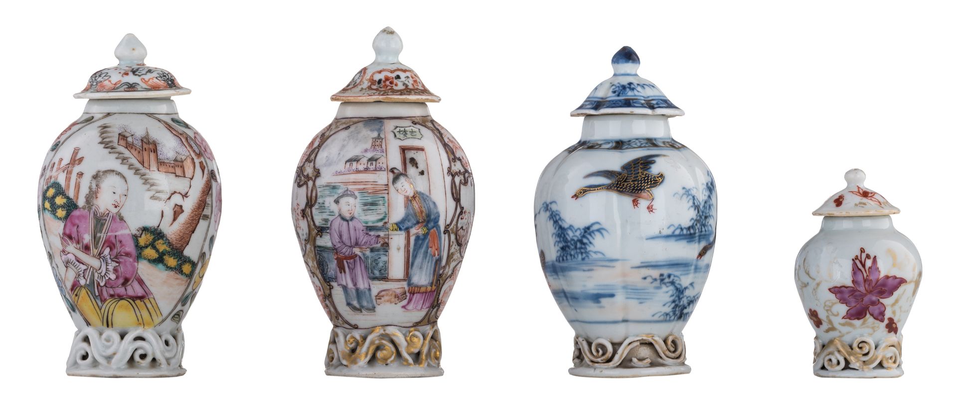A lot of four Chinese porcelain tea caddies, relief decorated with scrollwork, the smallest one was
