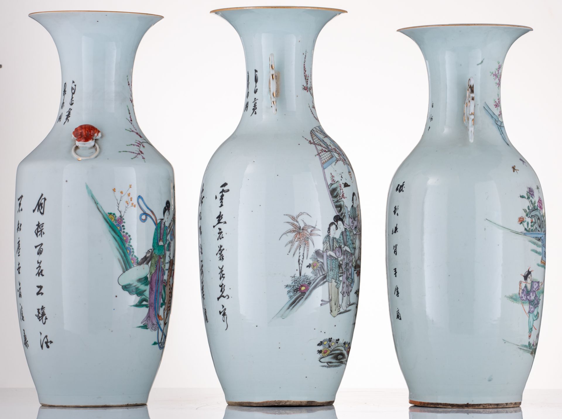 Three Chinese famille rose vases, decorated with various animated scenes with ladies, children and a - Image 4 of 6