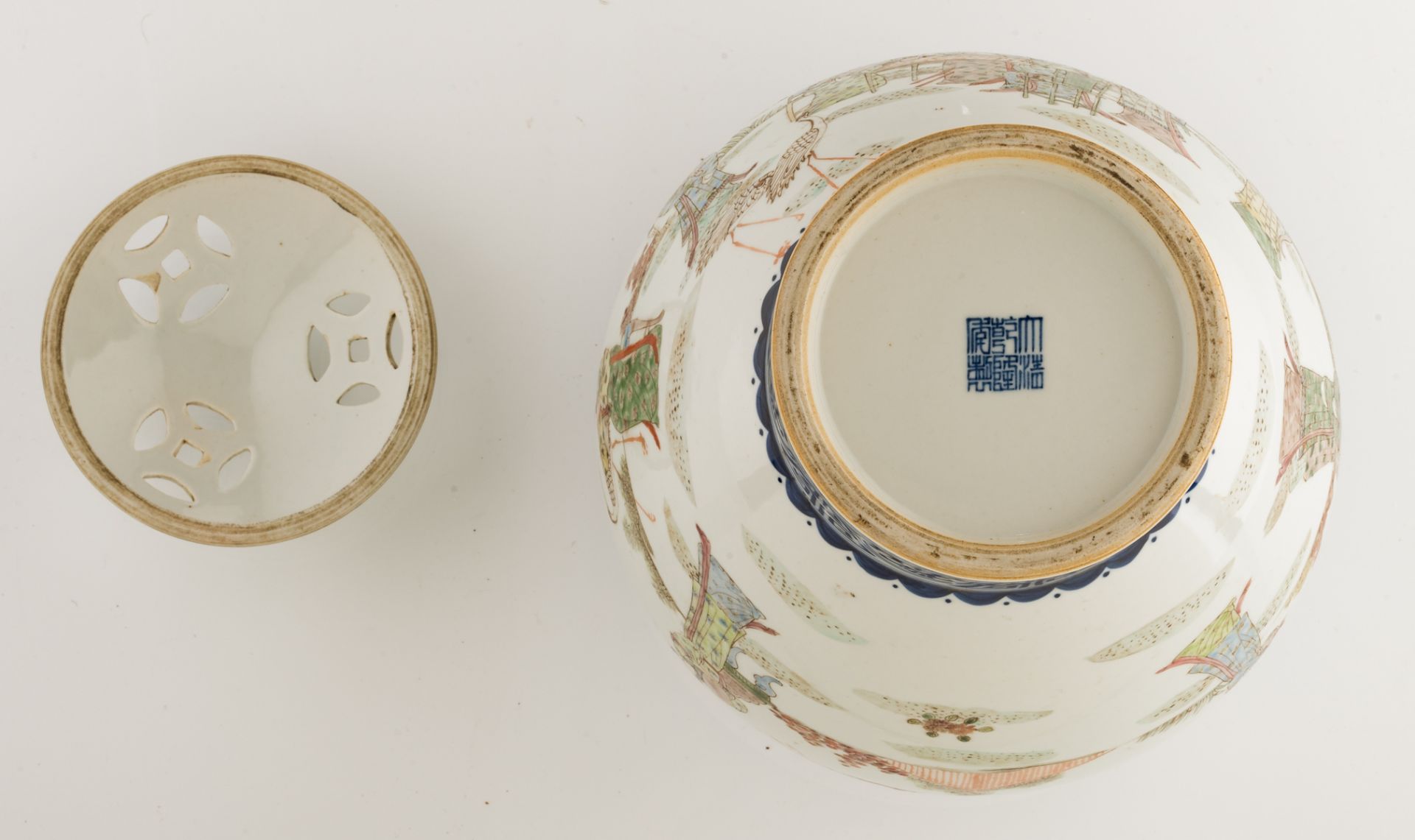 A Chinese blue and white and famille rose incense burner, decorated with a gallant garden scene, wit - Image 7 of 8