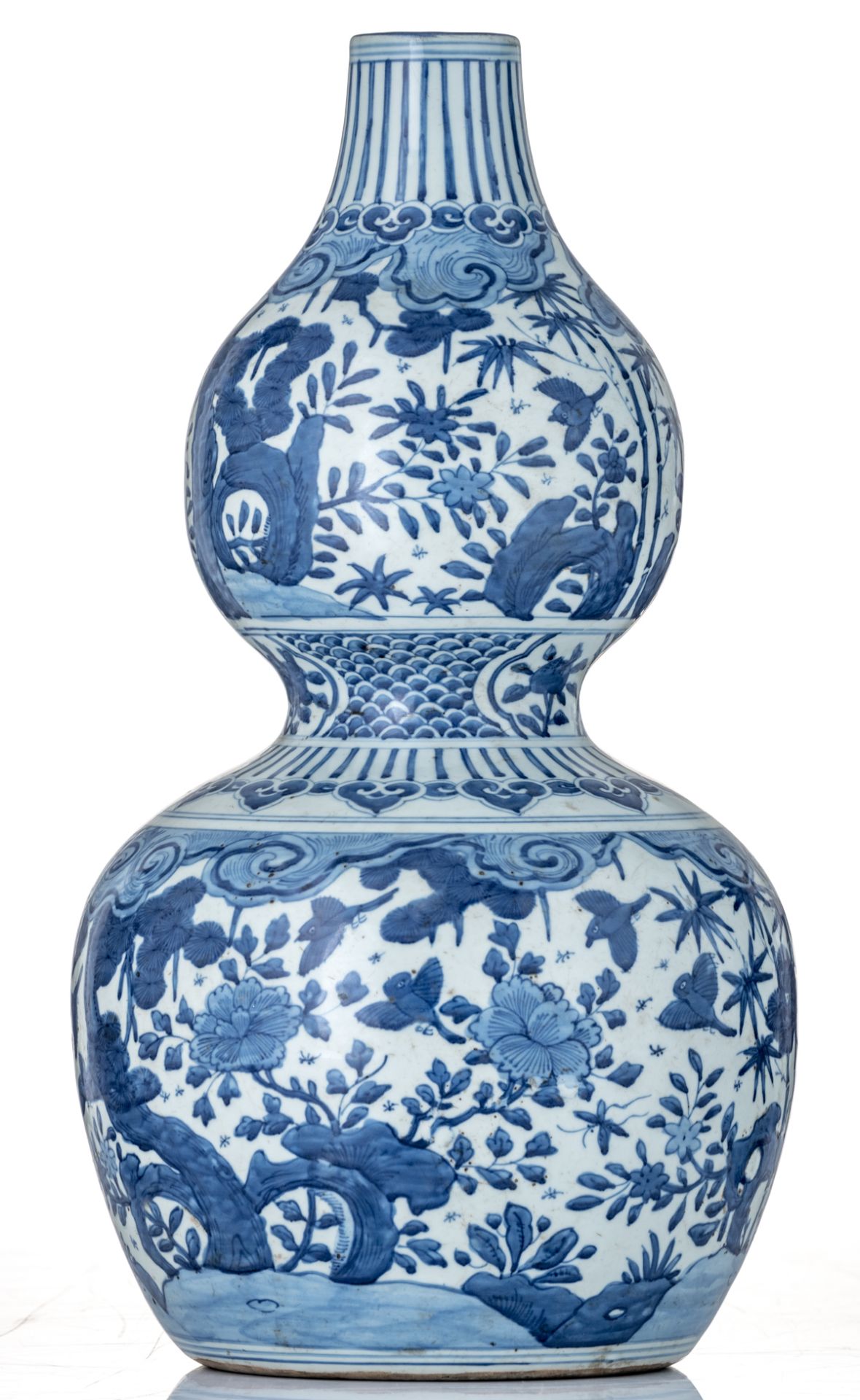 A Chinese blue and white double gourd vase, decorated with birds, wandering between the three friend - Bild 4 aus 6