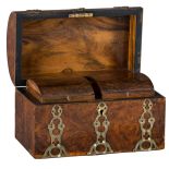 A late mid-Victorian burl walnut veneered tea caddy with brass mounts, H 17,5 - W 25 - 14,5 cm