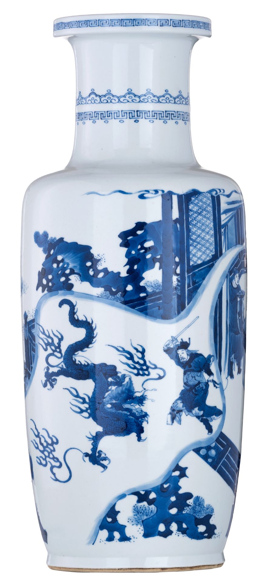 A Chinese blue and white rouleau vase, decorated with a scene referring to the mythical or historica