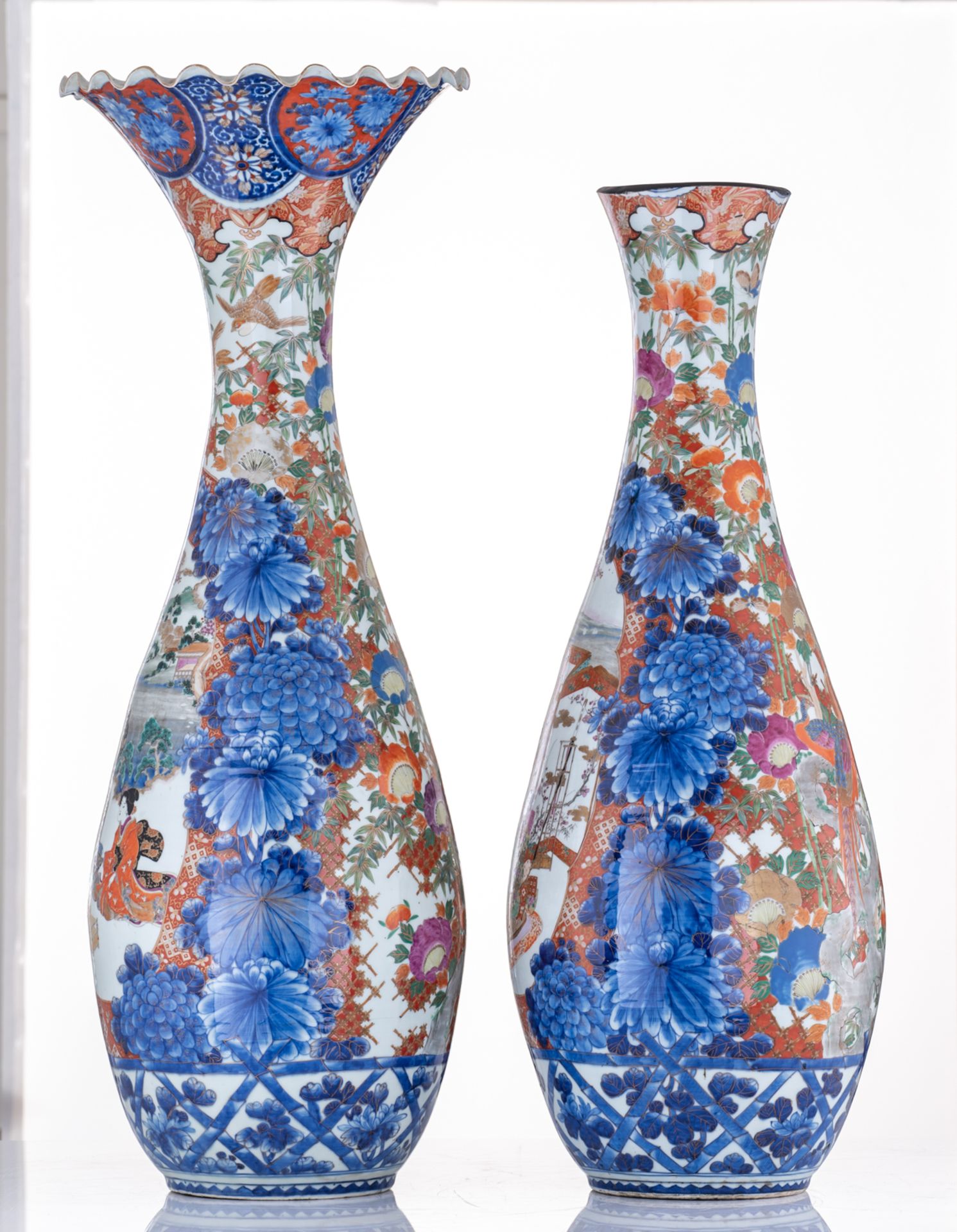 A large pair of Japanese polychrome floral vases, overall decorated with birds and an animated scene - Image 2 of 8