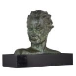 Noël L., a bust of a man, green patinated bronze on a noir Belge marble base, fondeur Statua,  H 38