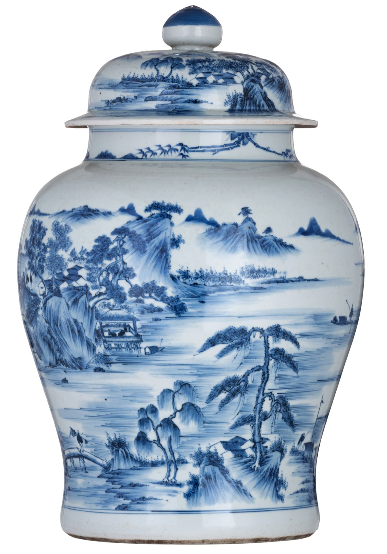 A large Chinese blue and white vase and cover, overall decorated with fishermen in a mountainous riv
