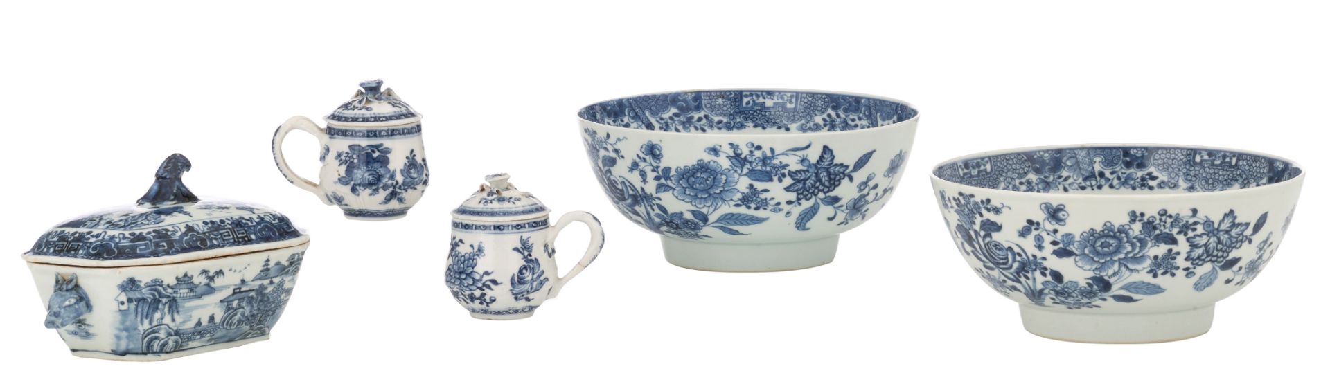 A lot of various Chinese blue and white porcelain items, consisting of two large bowls, a small ture