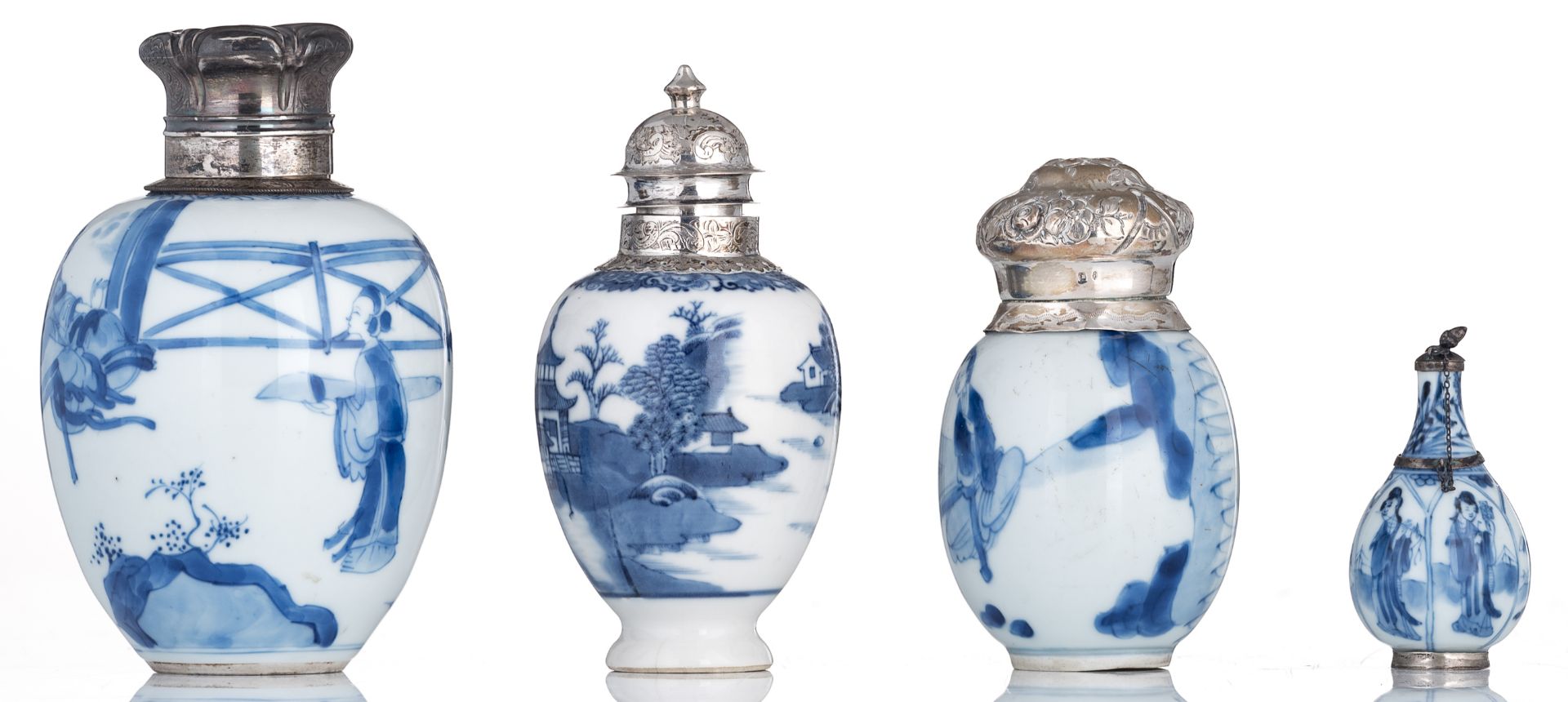 A lot of four small Chinese porcelain blue and white vases with silver mounts, three decorated with - Image 2 of 6