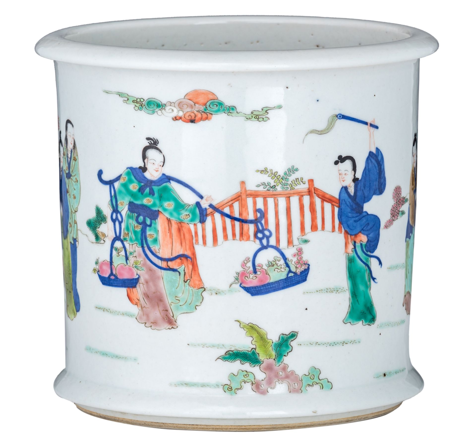A Chinese polychrome brush pot, decorated with figures and birds in a landscape, with a Jiajing mark