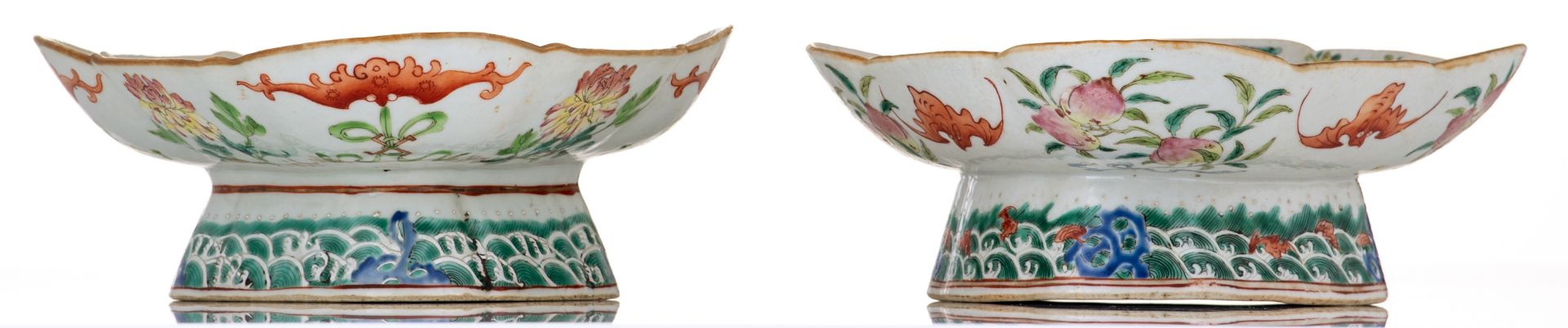 Two Chinese famille rose and polychrome footed plates, decorated with flowers, bats and auspicious s - Image 5 of 9