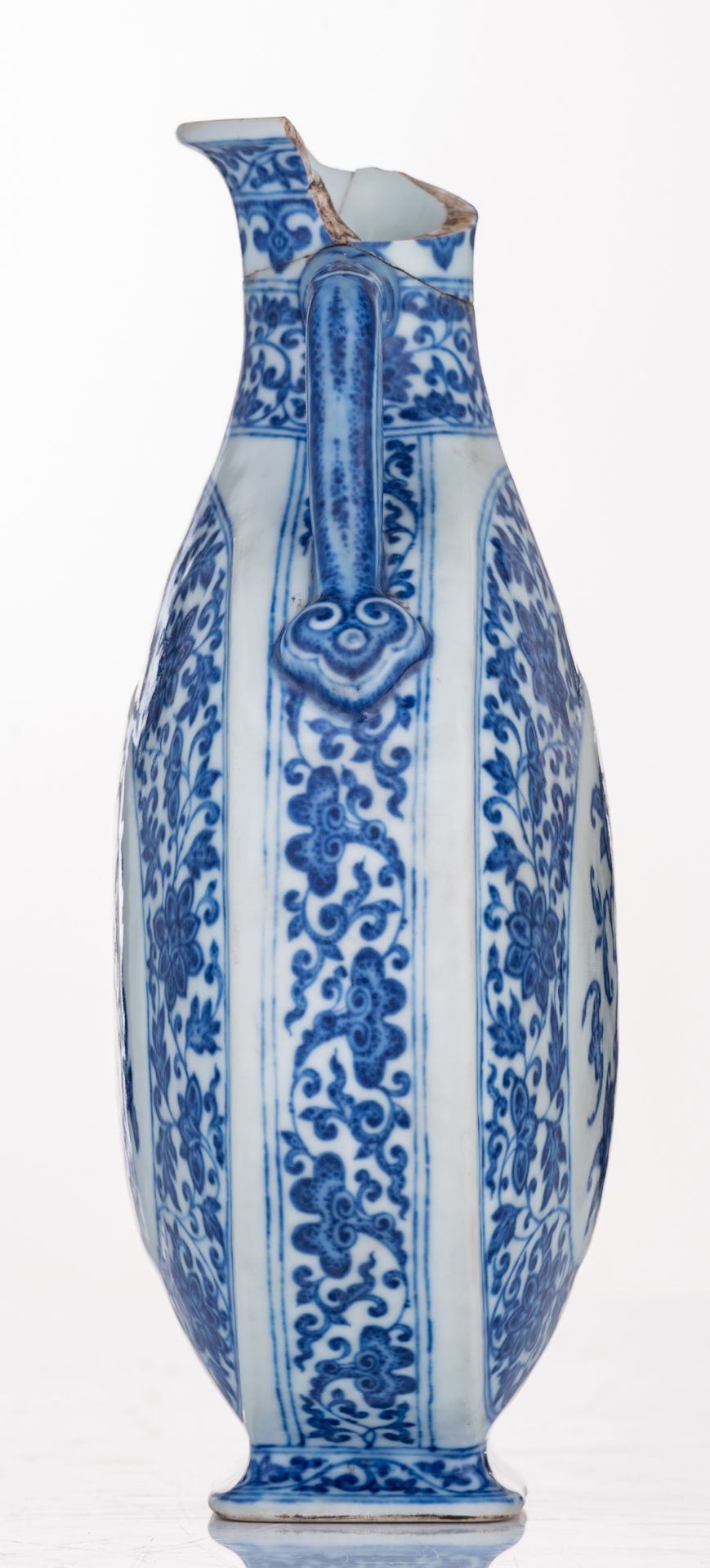 A Chinese blue and white moon flask, decorated with bats and scrolling lotus, the medallion with pea - Image 2 of 6