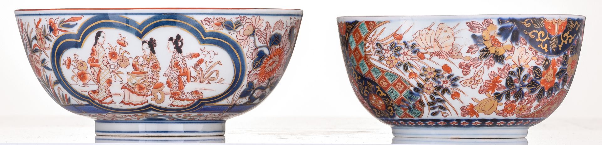 Two large Japanese Arita Imari bowls, one with a five clawed dragon in the centre and borders with a - Image 2 of 5