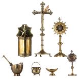 A various lot of 19thC items used for religious practice, consisting out of a brass and a gilt brass