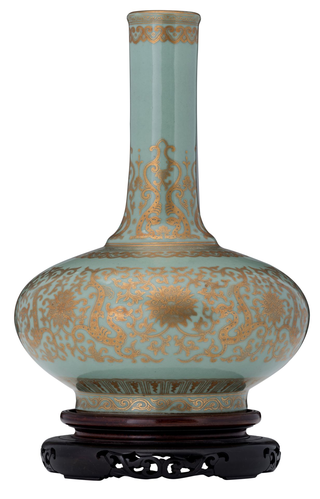 A Chinese celadon ground gilt decorated bottle vase, with a Qianlong mark, H 33,5 cm
