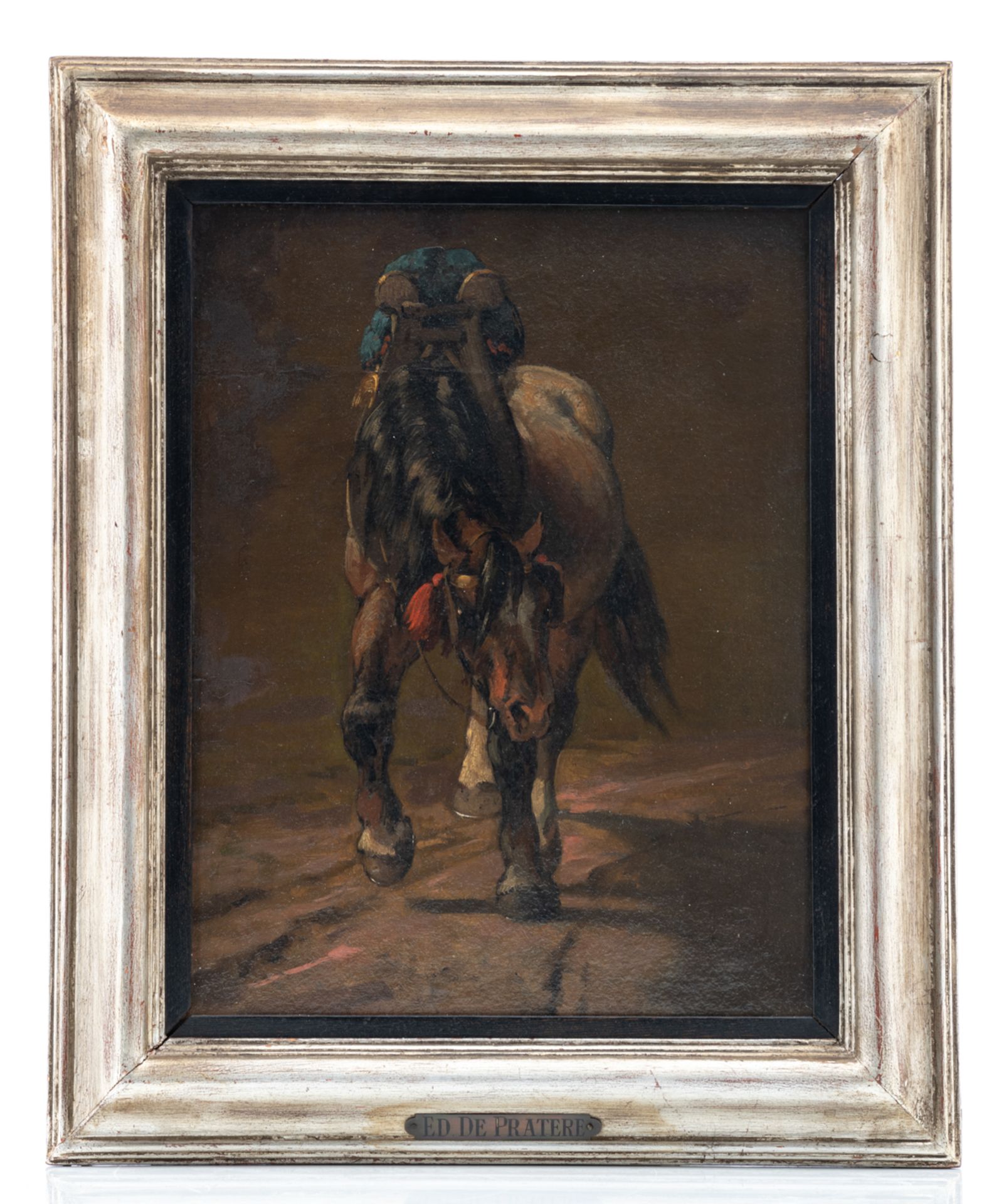 No visible signature (attributed to De Pratere Ed.), a horse, oil on board, 30 x 38,5 cm - Bild 2 aus 4